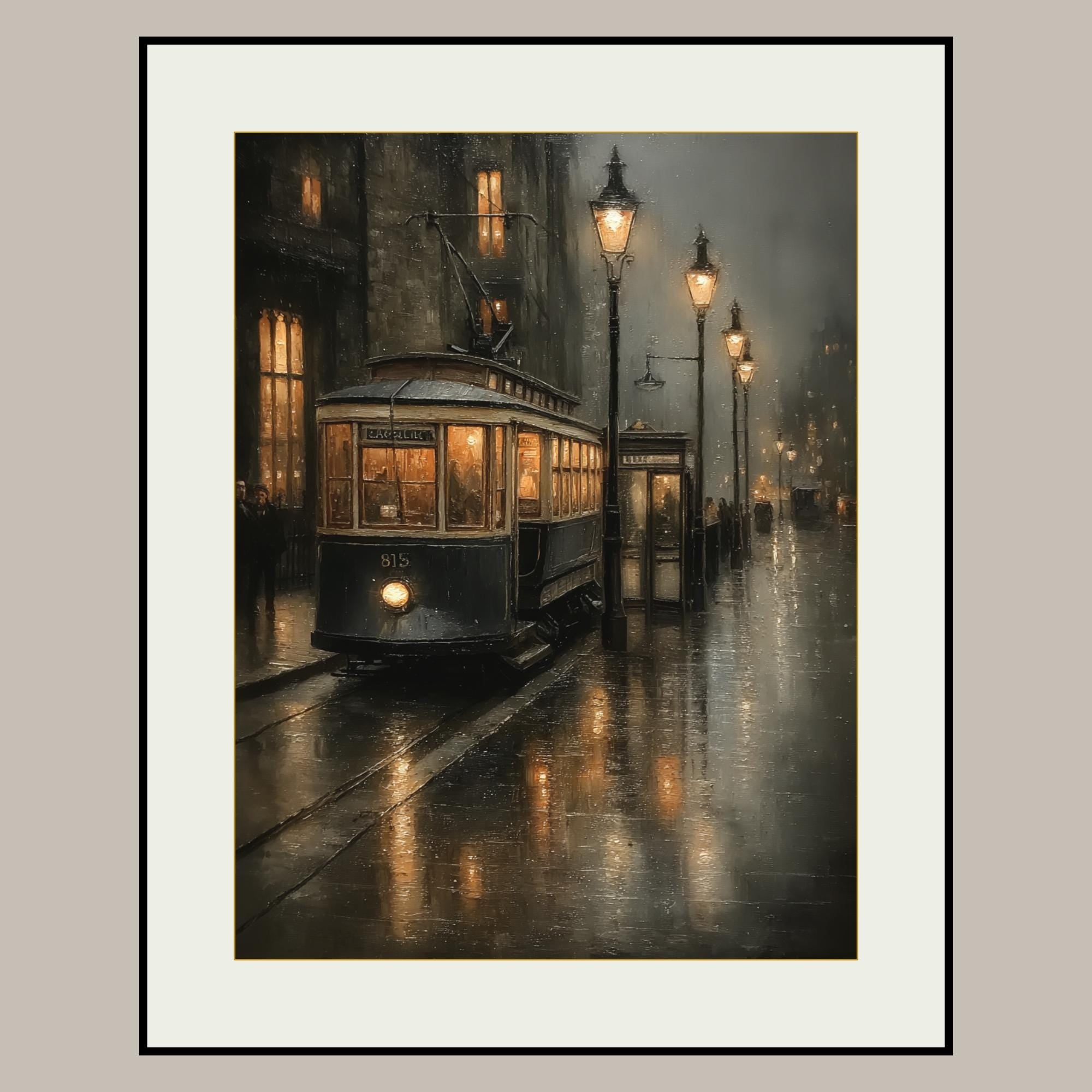 Victorian Tram Wall Art Print, Moody Rainy Street Scene, Dark Academia Gothic City Decor