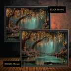 Firefly Forest Horizontal Art Print Golden Leaves Trailing Teal Lagoon, Magical Woodland Painting