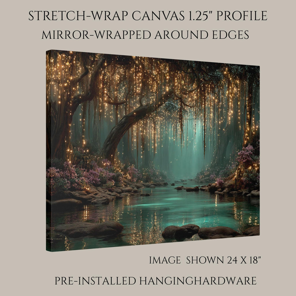 Firefly Forest Horizontal Art Print Golden Leaves Trailing Teal Lagoon, Magical Woodland Painting