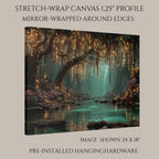Firefly Forest Horizontal Art Print Golden Leaves Trailing Teal Lagoon, Magical Woodland Painting