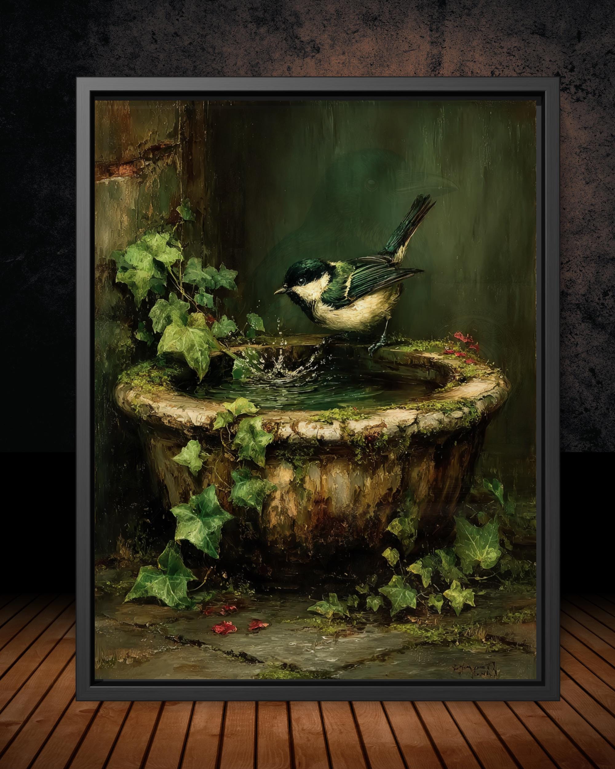 Garden Bird in Vintage Stone Bird Bath Print Oil Painted Style Wall Art
