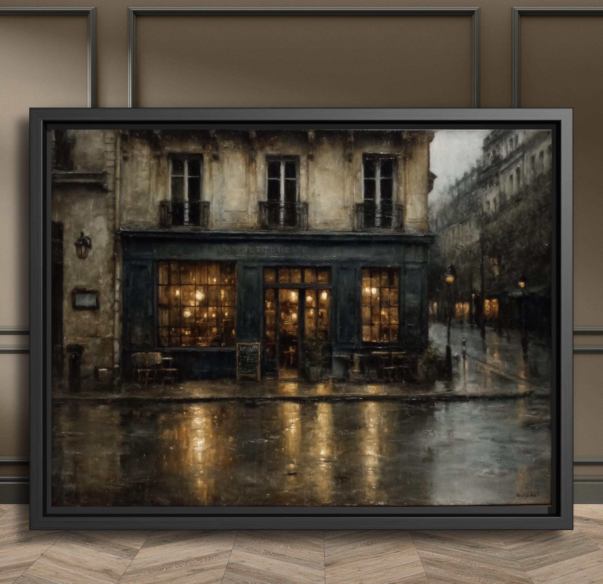Vintage London Street Scene Horizontal Print European Victorian Storefront Painting Reflections on Sidewalk Main image