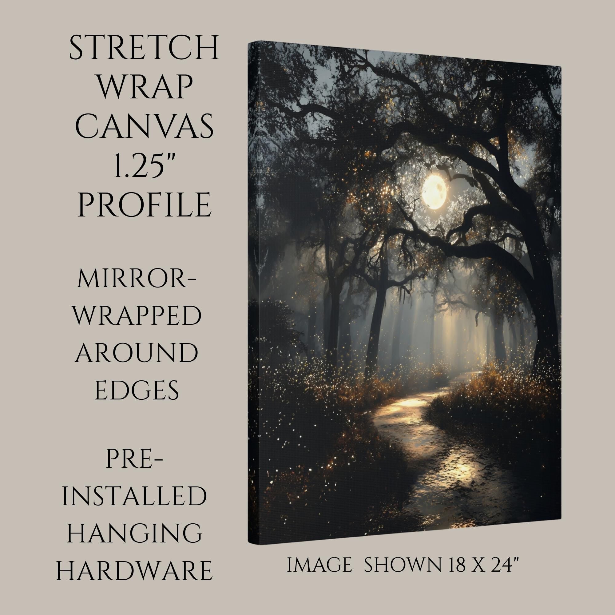 Haunted Forest Full Moon Print, Moonlit Woodland Path Wall Art, Moody Enchanted Woods Painting