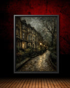 Victorian London Street Art Print, Gothic Row Houses, Gaslight Night Scene, Oil Style Painting
