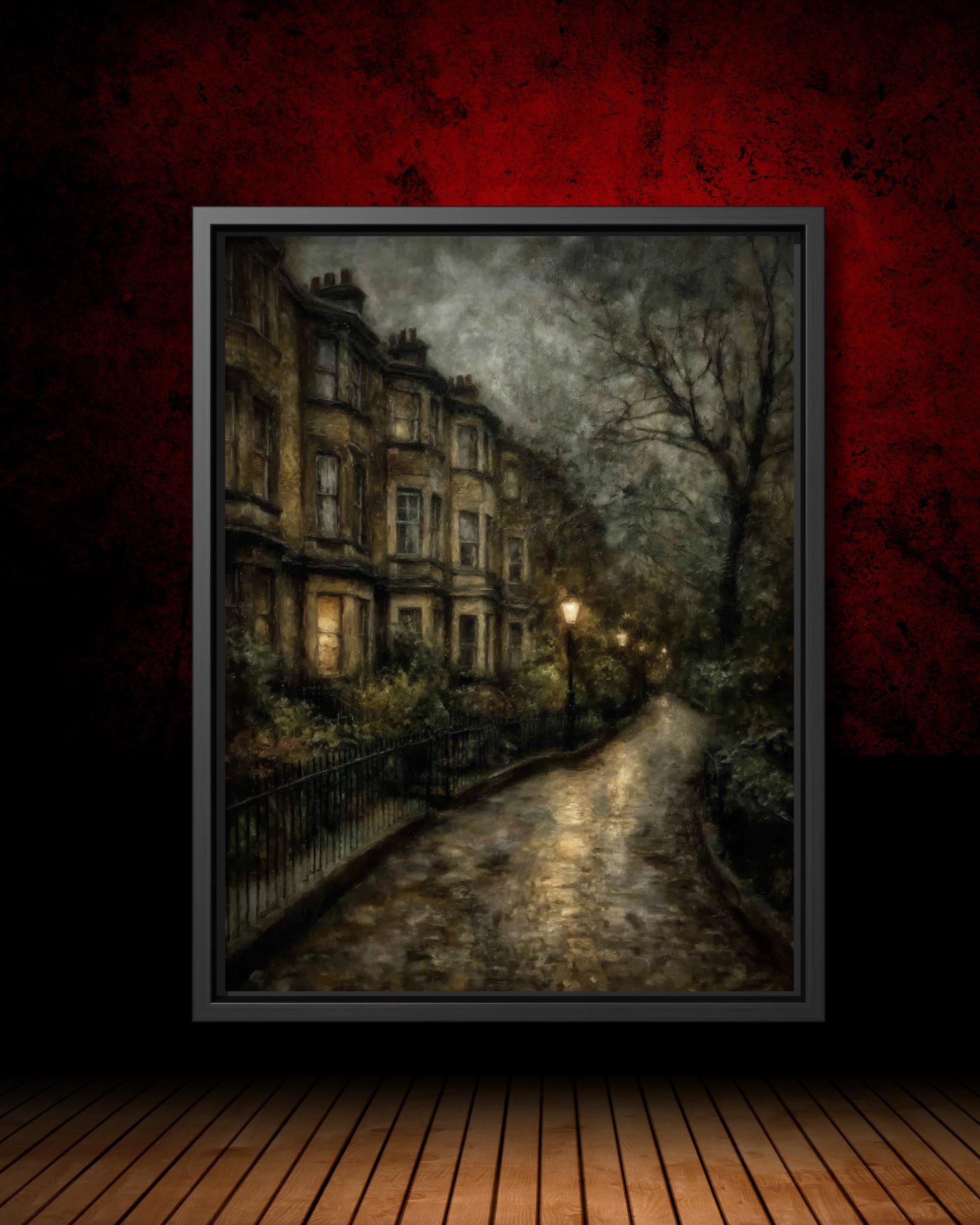 Victorian London Street Art Print, Gothic Row Houses, Gaslight Night Scene, Oil Style Painting
