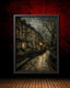 Victorian London Street Art Print, Gothic Row Houses, Gaslight Night Scene, Oil Style Painting