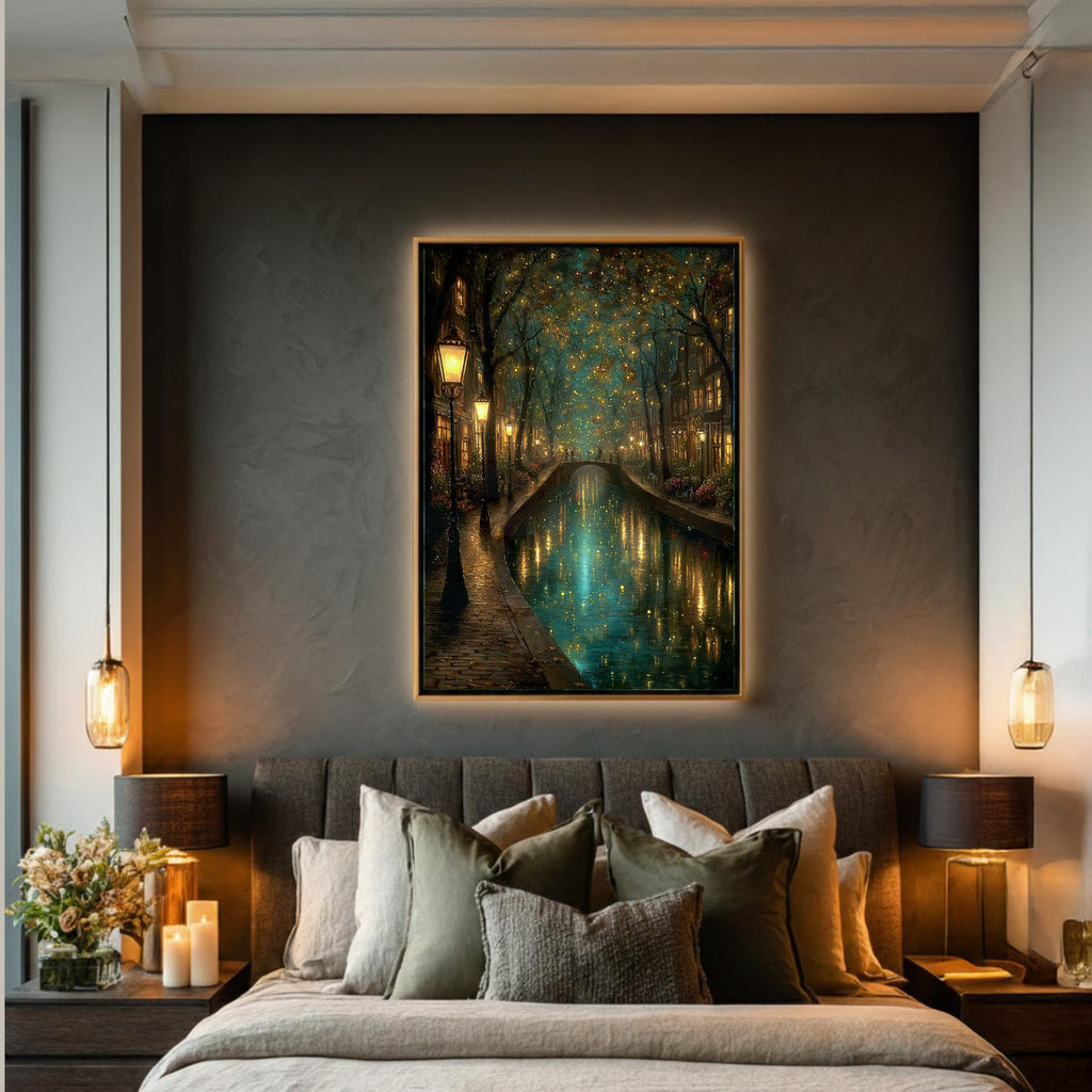 Canal Path Nightime Scene Print Glowing Firefly Oil Painting Style Golden Lantern Lit Reflections