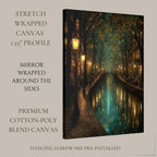Canal Path Nightime Scene Print Glowing Firefly Oil Painting Style Golden Lantern Lit Reflections