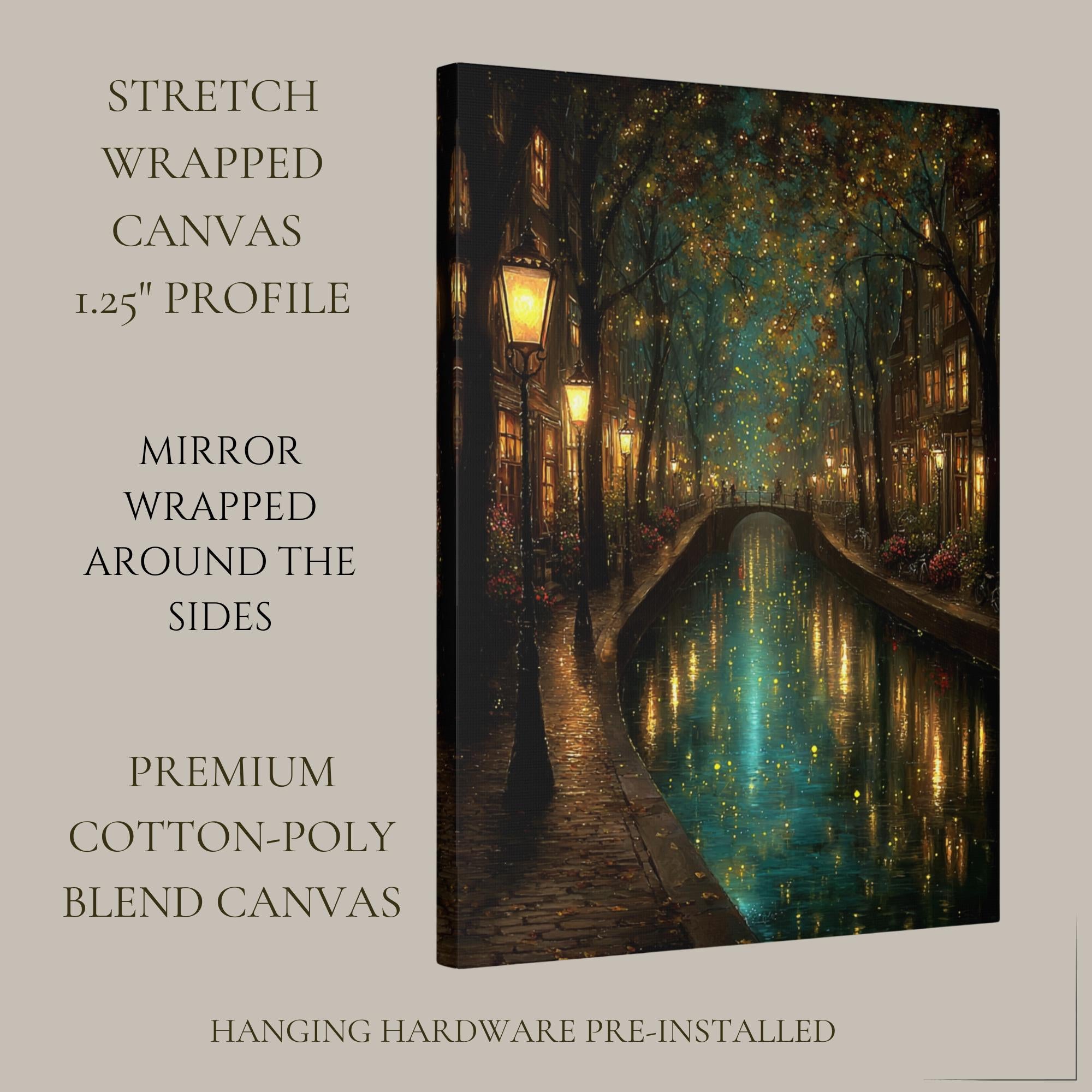 Canal Path Nightime Scene Print Glowing Firefly Oil Painting Style Golden Lantern Lit Reflections