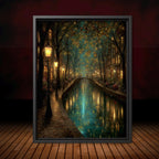 Canal Path Nightime Scene Print Glowing Firefly Oil Painting Style Golden Lantern Lit Reflections