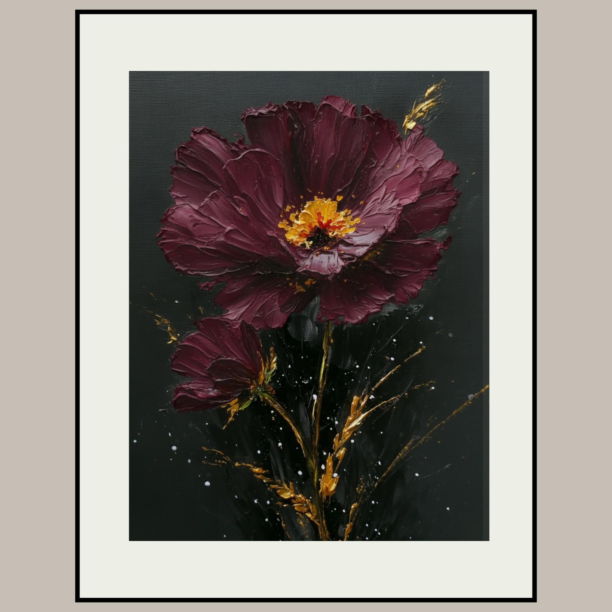 Burgundy Daisy Wall Art Print, Purple Gold Flower Oil Style Painting, Minimalist Floral Decor Secondary image