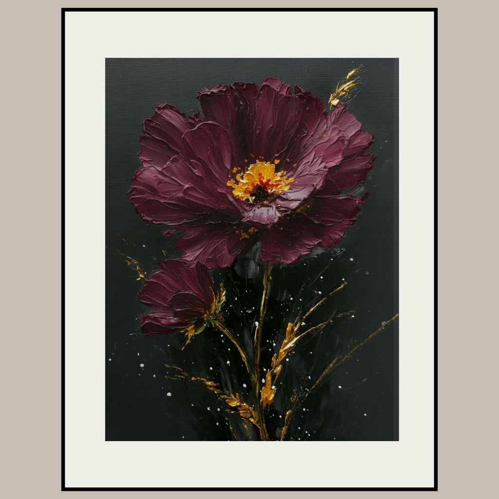 Burgundy Daisy Wall Art Print, Purple Gold Flower Oil Style Painting, Minimalist Floral Decor