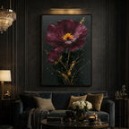 Burgundy Daisy Wall Art Print, Purple Gold Flower Oil Style Painting, Minimalist Floral Decor
