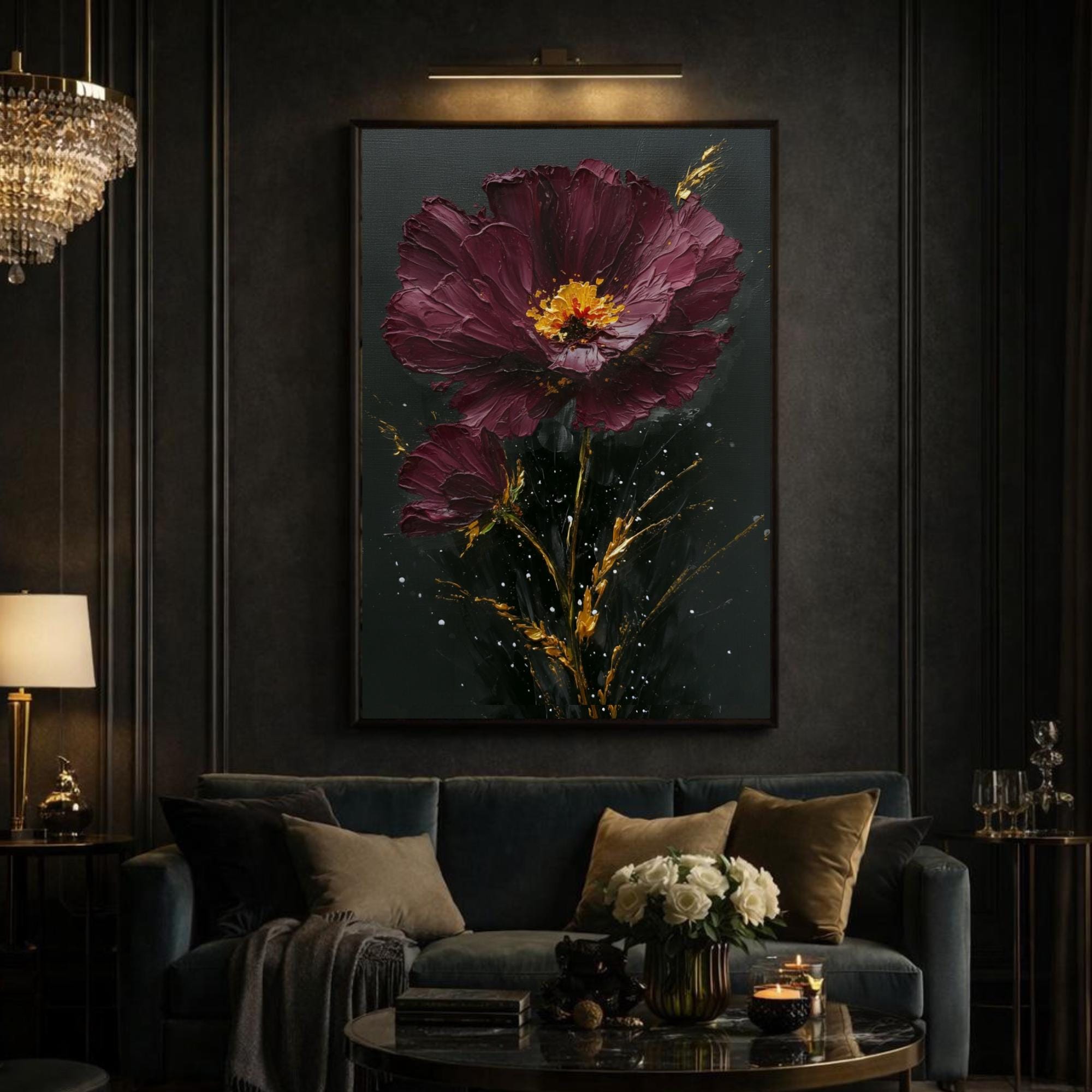 Burgundy Daisy Wall Art Print, Purple Gold Flower Oil Style Painting, Minimalist Floral Decor