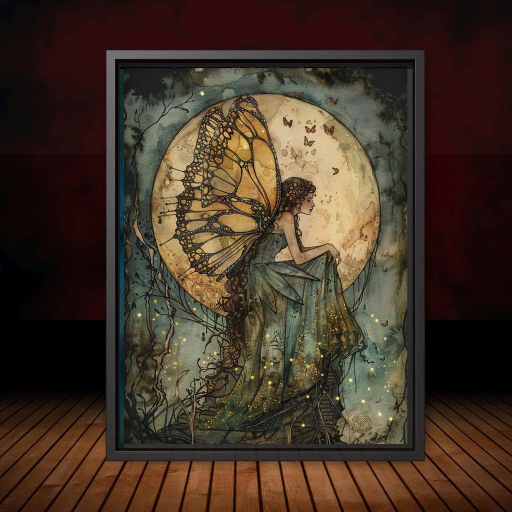 Green Dress Fairy Wall Art Moonlit Fantasy Print Gold Butterflies Dark Academia Fae Decor