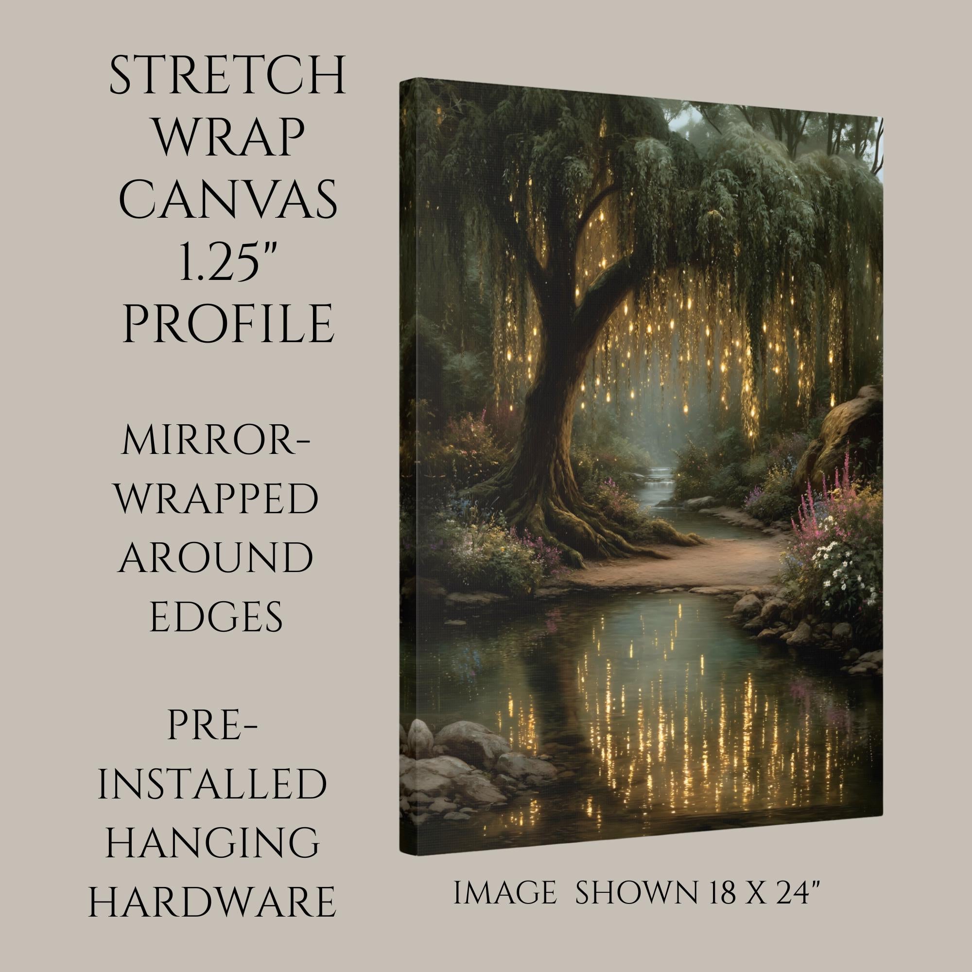 Enchanted Willow Tree Wall Art Print, Magical Forest Path Artwork, Fairy Light Woodland Decor