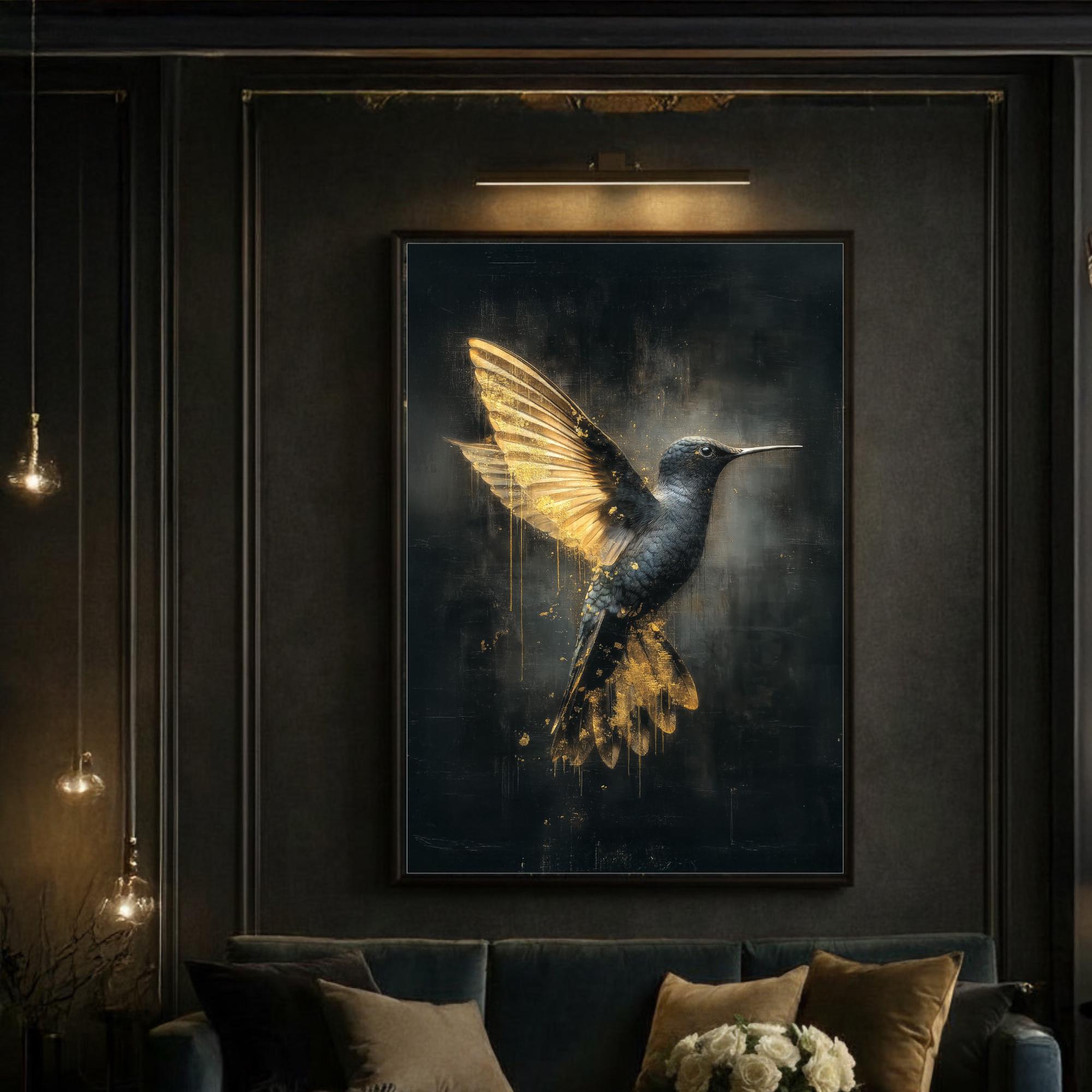 Gothic Hummingbird Wall Art, Black and Gold Dark Fantasy Bird Print, Alchemical Home Decor