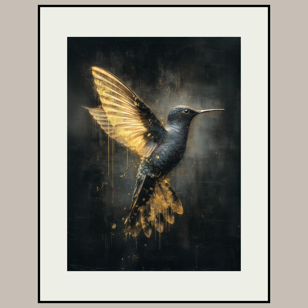 Gothic Hummingbird Wall Art, Black and Gold Dark Fantasy Bird Print, Alchemical Home Decor
