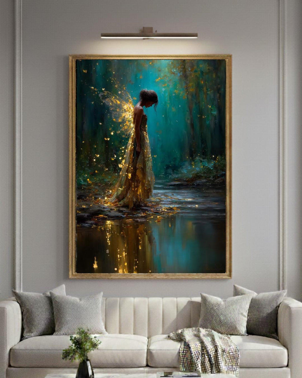 Forest Fairy Tattered Gold Wings Wall Art, Teal Fantasy Print, Enchanted Moonlit Woodland Decor