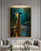 Forest Fairy Tattered Gold Wings Wall Art, Teal Fantasy Print, Enchanted Moonlit Woodland Decor
