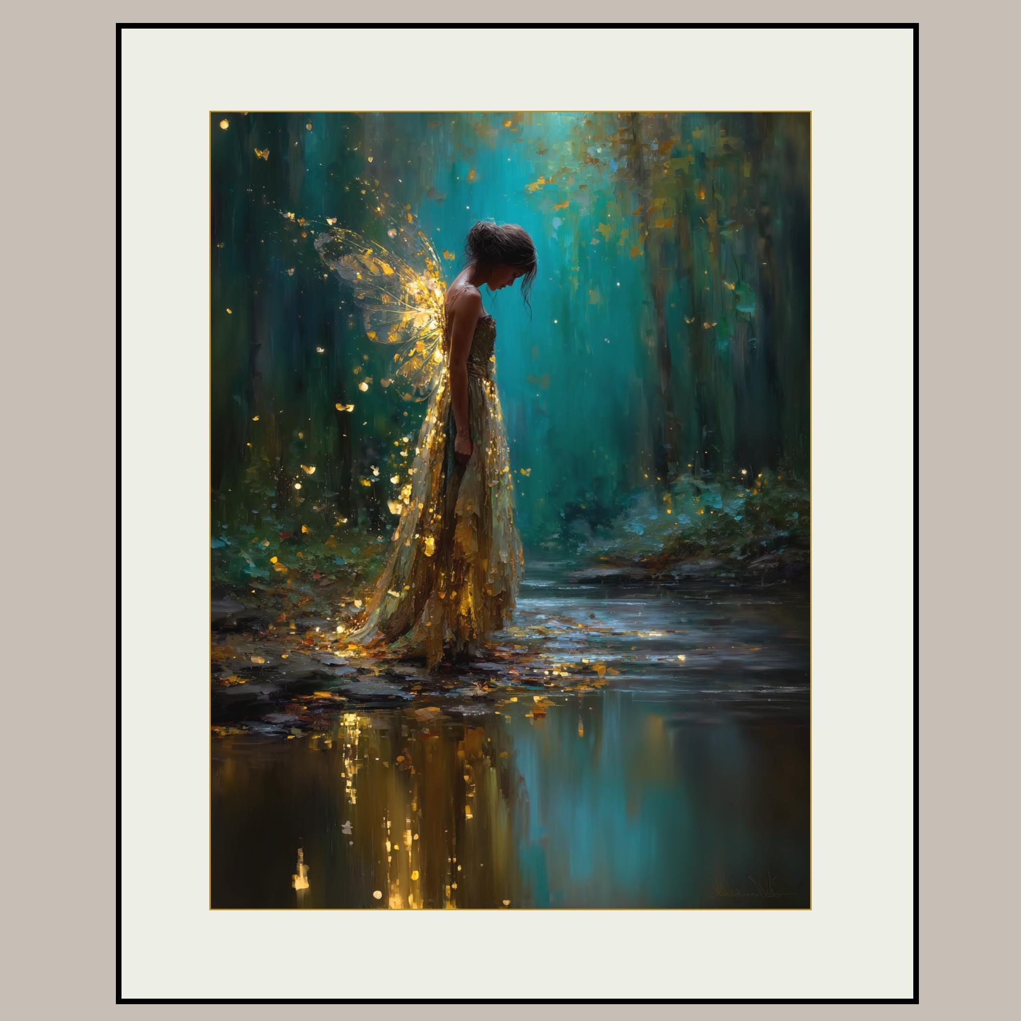 Forest Fairy Tattered Gold Wings Wall Art, Teal Fantasy Print, Enchanted Moonlit Woodland Decor