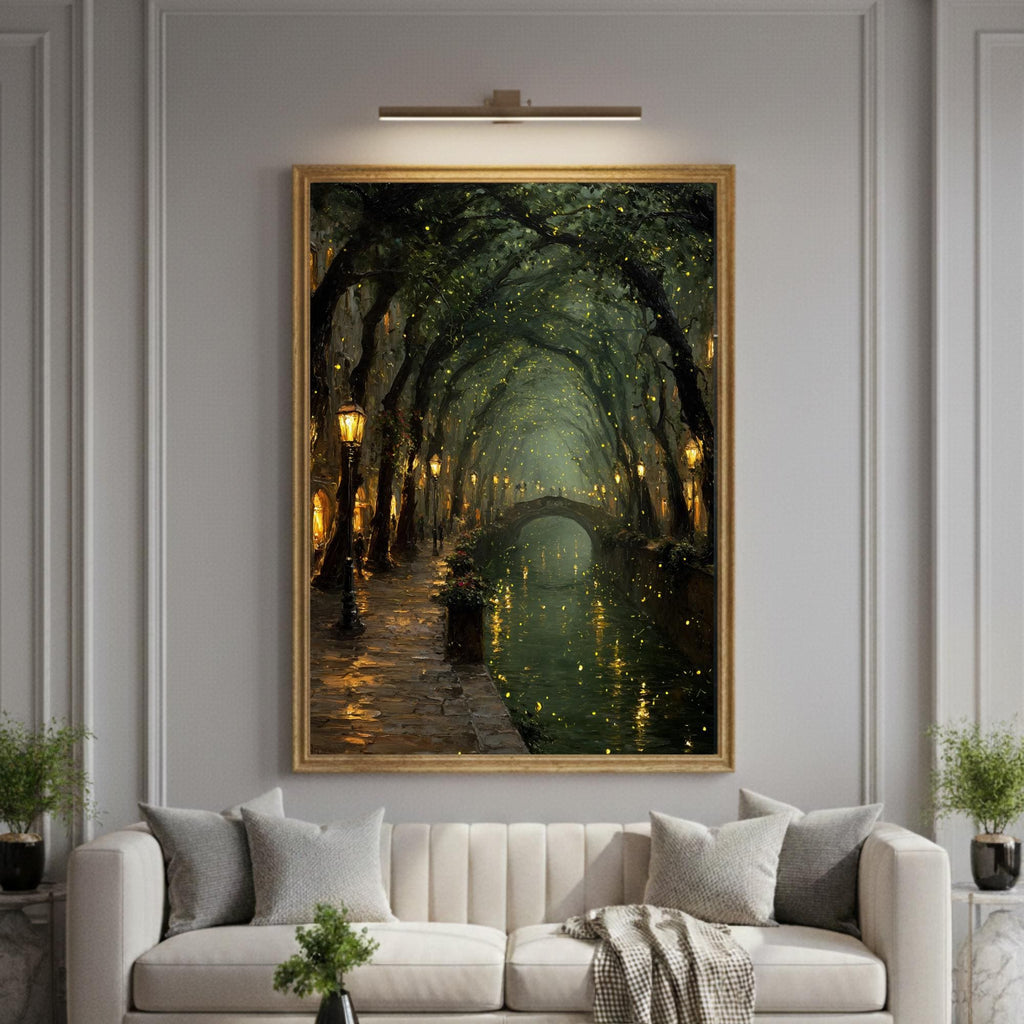 Enchanted Canal Wall Art, Firefly Night Painting, Romantic Street Lamps, Moody Forest Tunnel Print