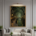 Enchanted Canal Wall Art, Firefly Night Painting, Romantic Street Lamps, Moody Forest Tunnel Print