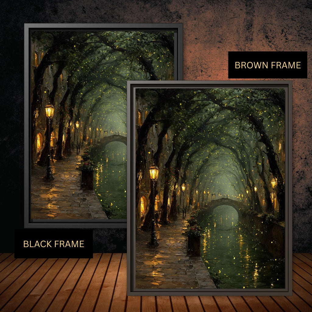 Enchanted Canal Wall Art, Firefly Night Painting, Romantic Street Lamps, Moody Forest Tunnel Print