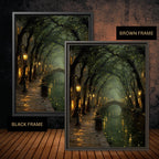 Enchanted Canal Wall Art, Firefly Night Painting, Romantic Street Lamps, Moody Forest Tunnel Print