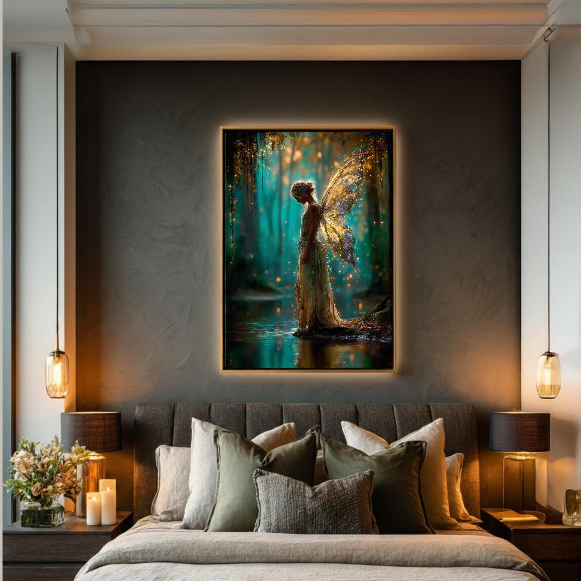 Blond Hair Forest Fairy Art Print Teal Gold Fantasy Enchanted Magical Woodland Painting Secondary image