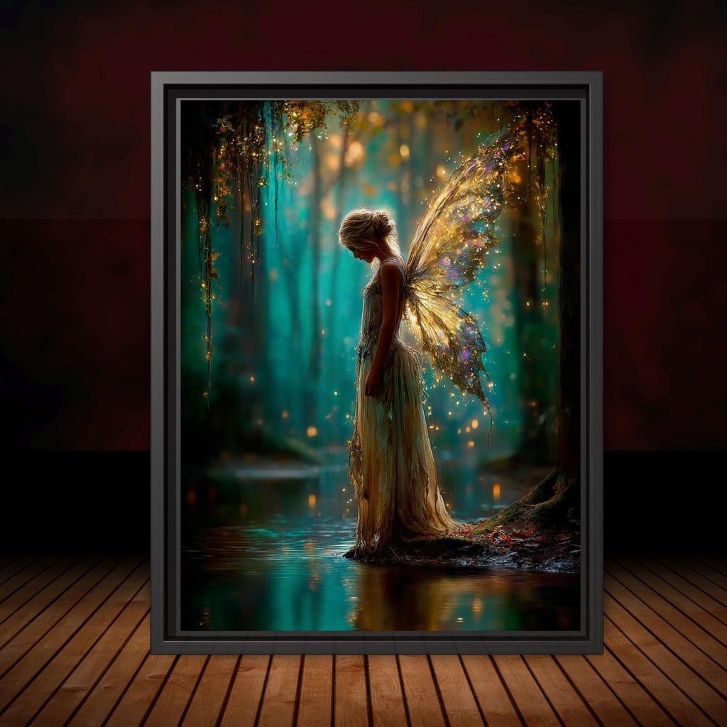 Blond Hair Forest Fairy Art Print Teal Gold Fantasy Enchanted Magical Woodland Painting