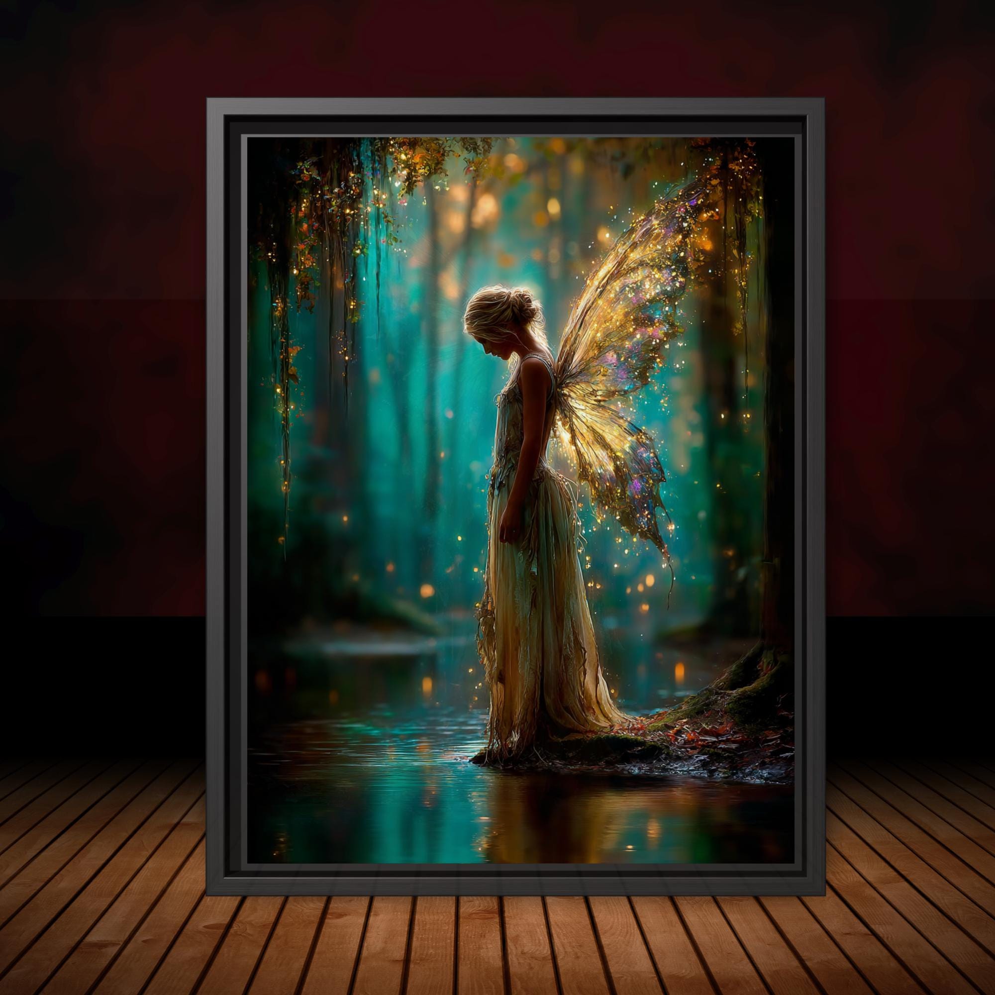 Blond Hair Forest Fairy Art Print Teal Gold Fantasy Enchanted Magical Woodland Painting