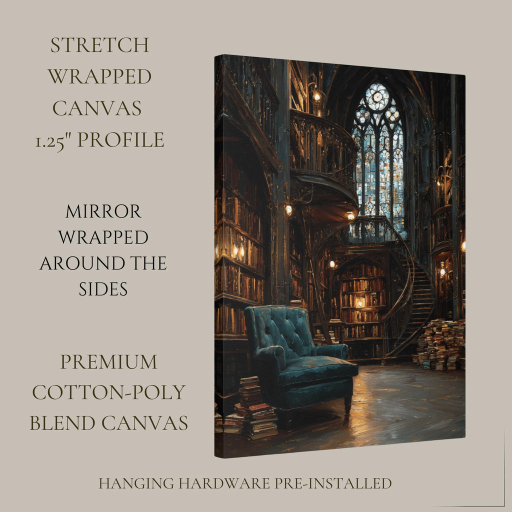 Vintage Library Interior Wall Art Print Gothic Book Nook Stained Glass Window Oil Painting