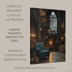 Vintage Library Interior Wall Art Print Gothic Book Nook Stained Glass Window Oil Painting