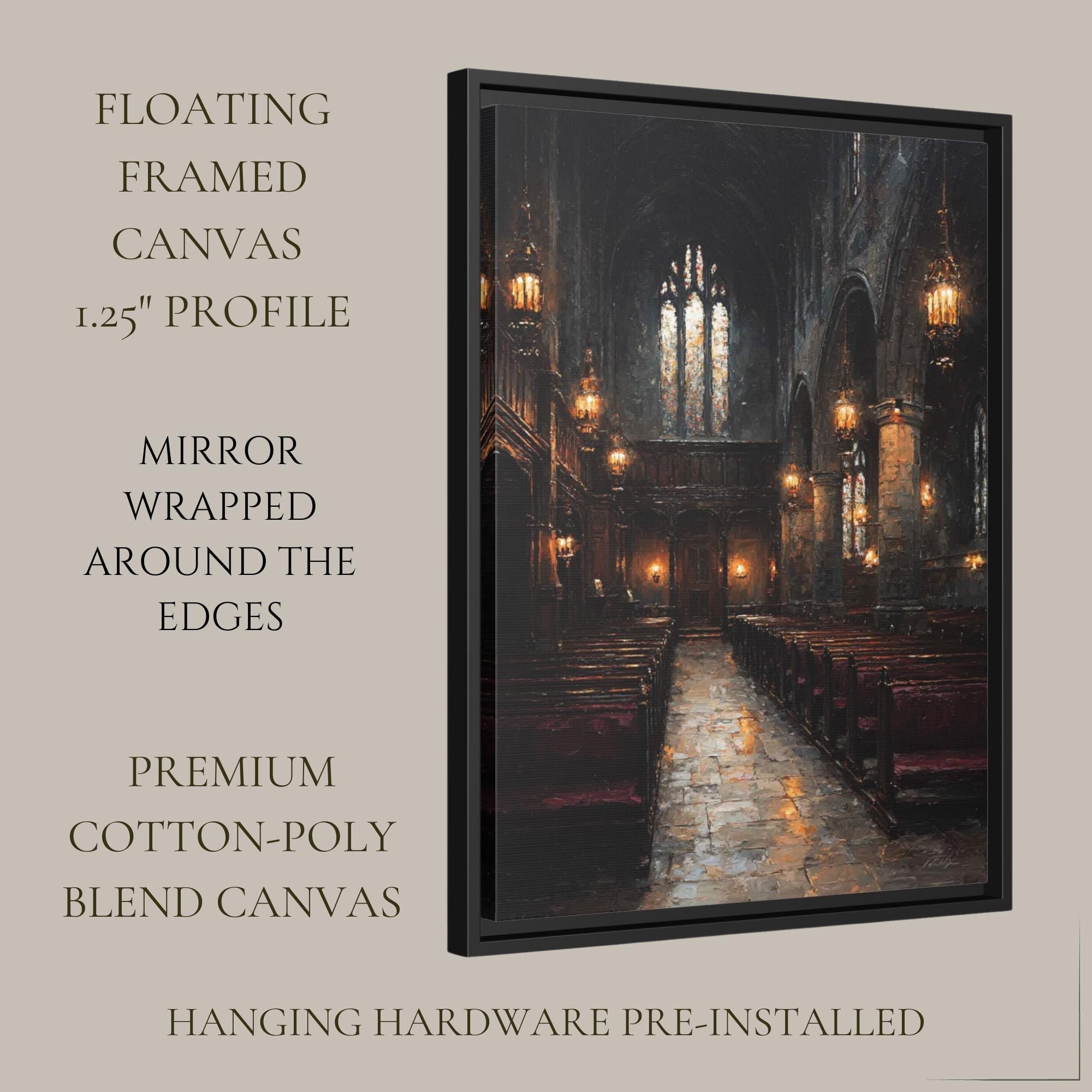 Stained Glass Window Chapel Wall Art Print Victorian Church Interior Glowing Lantern Lights Painting