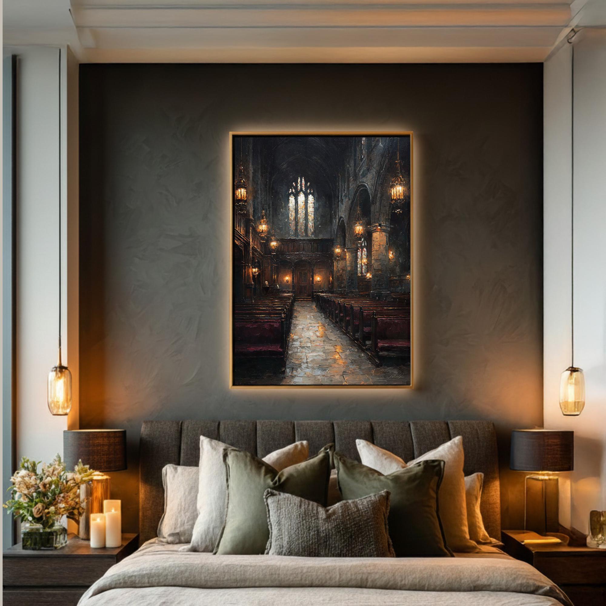 Stained Glass Window Chapel Wall Art Print Victorian Church Interior Glowing Lantern Lights Painting Secondary image