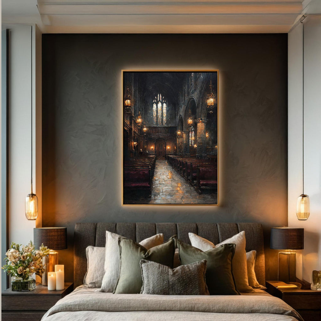 Stained Glass Window Chapel Wall Art Print Victorian Church Interior Glowing Lantern Lights Painting