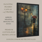 Rainy City Street Wall Art Print, Solitary Figure Red Umbrella, Glowing Lampposts, Nightime Painting