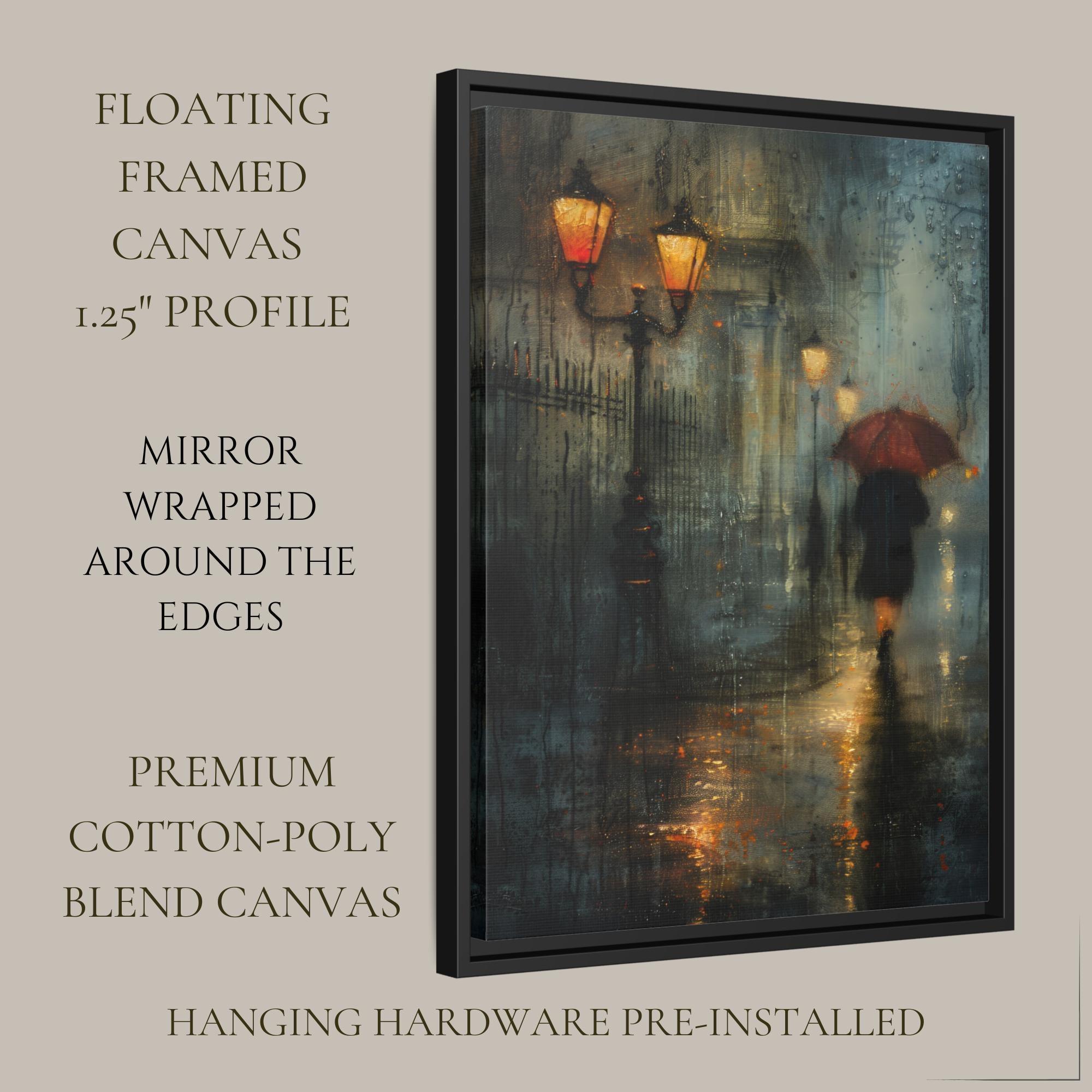 Rainy City Street Wall Art Print, Solitary Figure Red Umbrella, Glowing Lampposts, Nightime Painting