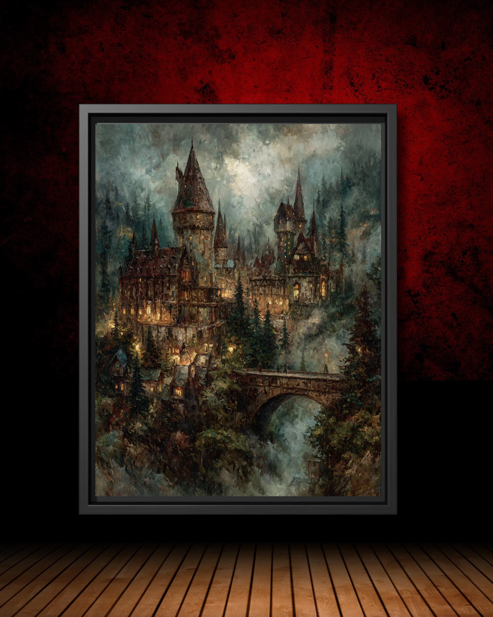 Creepy Castle Wall Art Print, Dark Academia Decor, Medieval Fortress Printed Oil Painting Main image