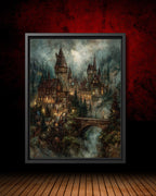 Creepy Castle Wall Art Print, Dark Academia Decor, Medieval Fortress Printed Oil Painting
