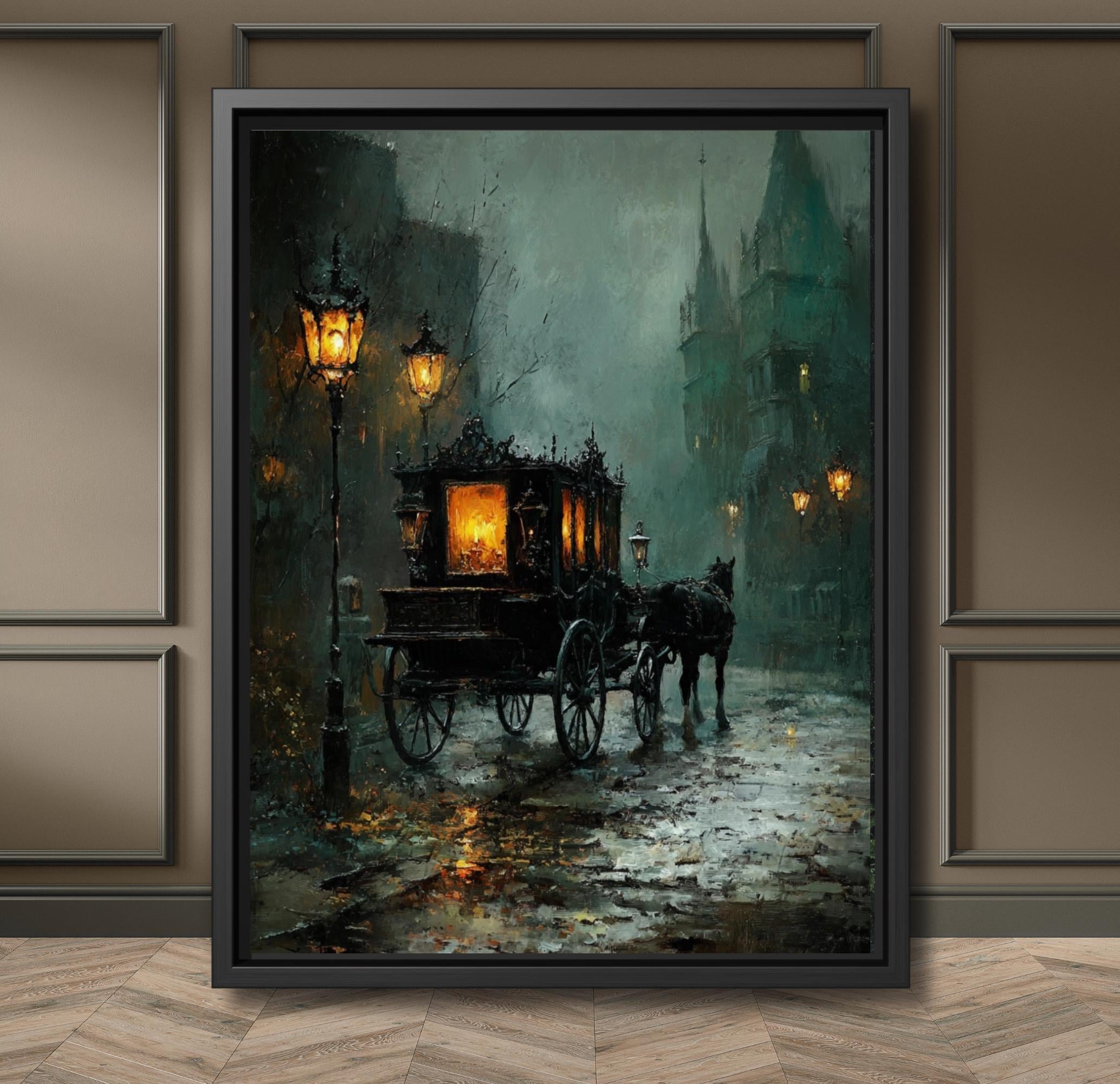 Victorian Carriage Wall Art Print, Lantern Lit Hearse Night Street Painting Dark Moody Decor Secondary image