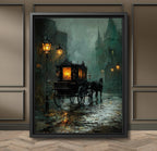 Victorian Carriage Wall Art Print, Lantern Lit Hearse Night Street Painting Dark Moody Decor