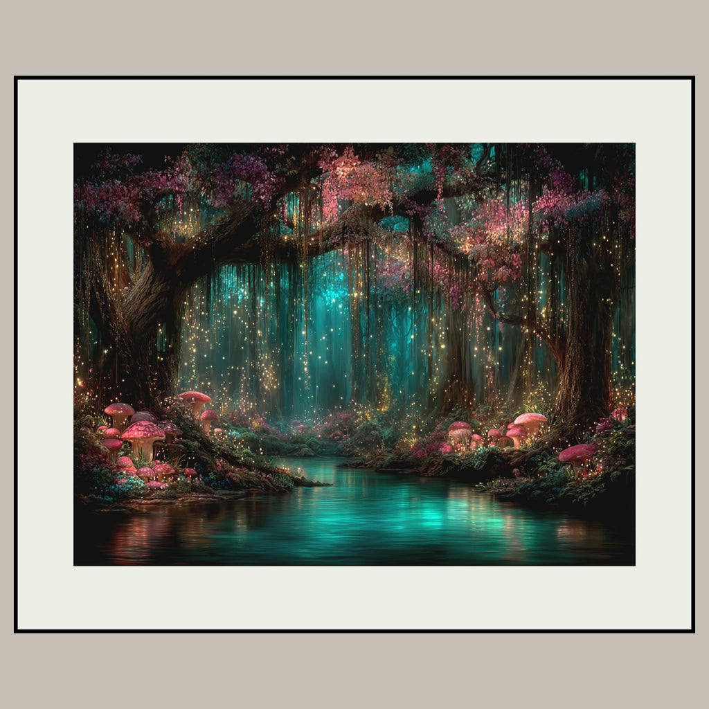 Pink Toadstools Teal River Golden Fireflies Willow Art Print, Glowing Enchanted Forest Magical Painting