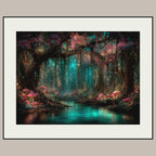 Pink Toadstools Teal River Golden Fireflies Willow Art Print, Glowing Enchanted Forest Magical Painting