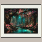 Pink Toadstools Teal River Golden Fireflies Willow Art Print, Glowing Enchanted Forest Magical Painting