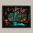 Pink Toadstools Teal River Golden Fireflies Willow Art Print, Glowing Enchanted Forest Magical Painting