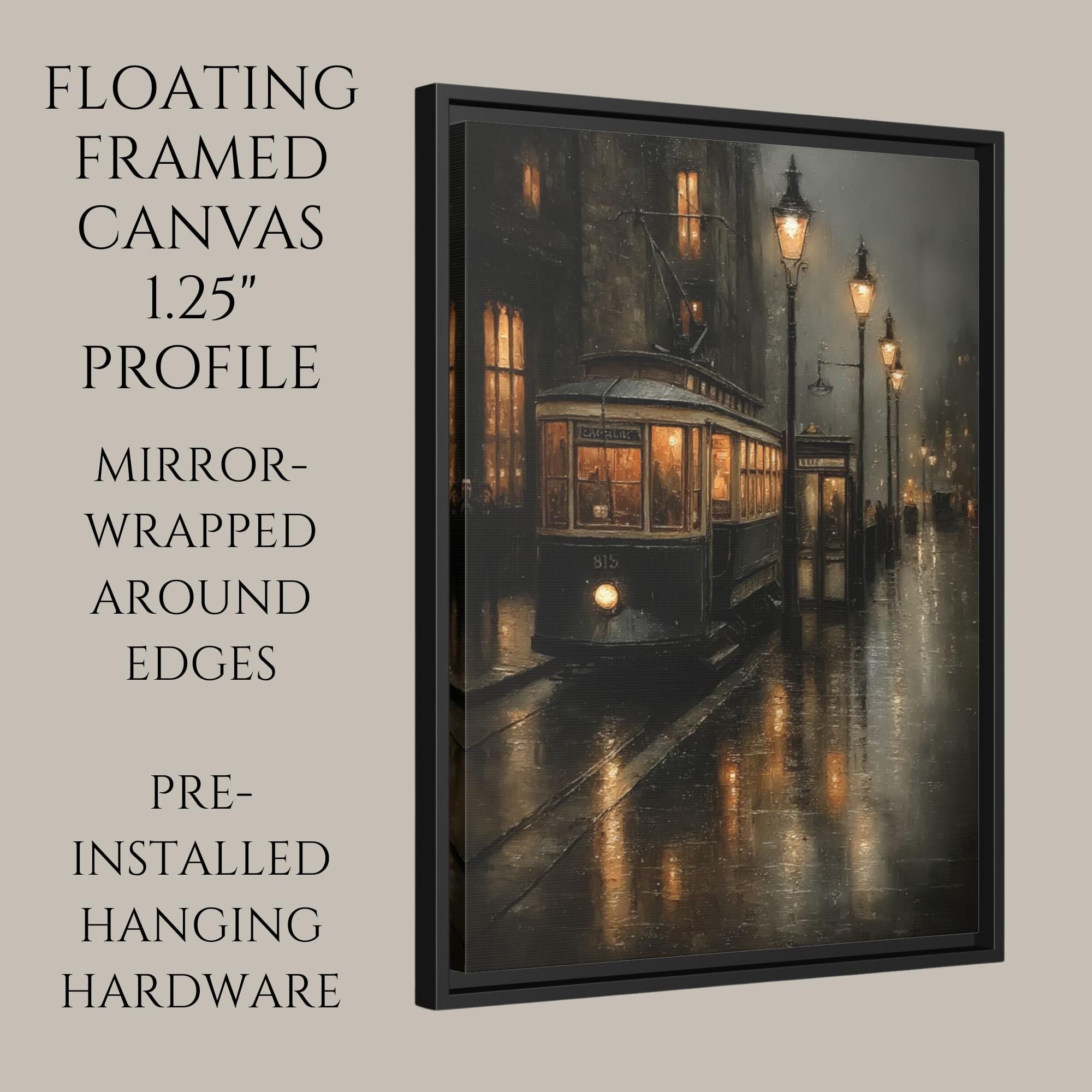 Victorian Tram Wall Art Print, Moody Rainy Street Scene, Dark Academia Gothic City Decor