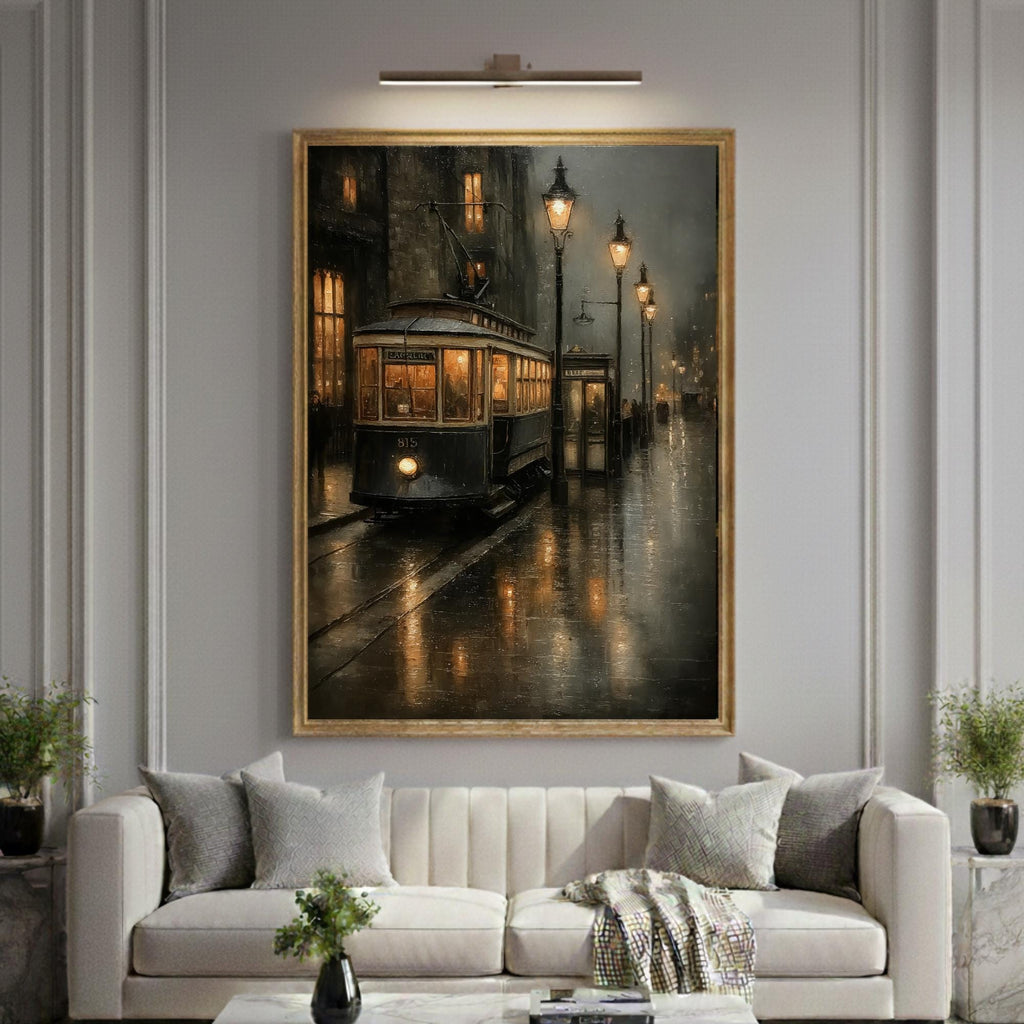 Victorian Tram Wall Art Print, Moody Rainy Street Scene, Dark Academia Gothic City Decor