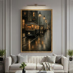 Victorian Tram Wall Art Print, Moody Rainy Street Scene, Dark Academia Gothic City Decor